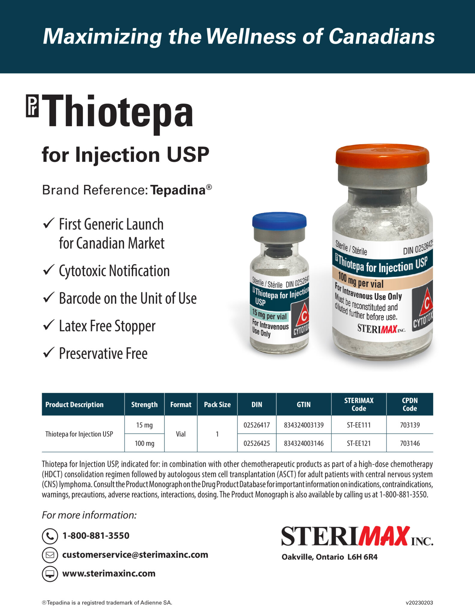 Sterimax Is Pleased To Announce The Launch Of Thiotepa For Injection